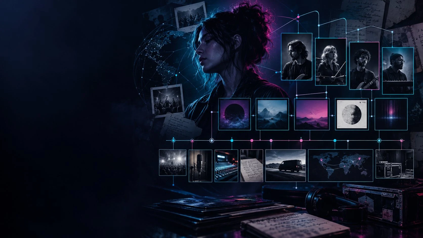 Illustrative artist portrait connected to band members, release artwork, studio scenes and a musical timeline.