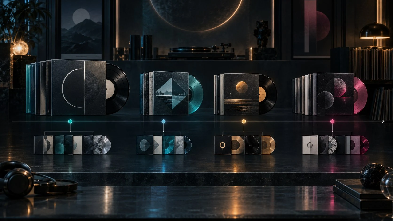 Illustrative album and edition artwork arranged in chronological groups across a music timeline.